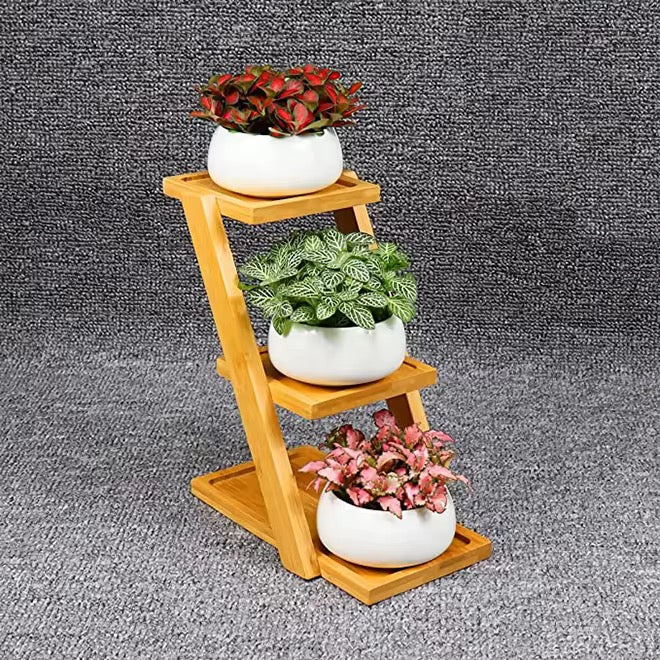 Modern Bamboo Wood Plant Stand for Succulent Plants, Office Desk Mini Garden Display Shelf, Home Décor Plant Holder