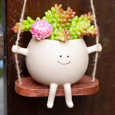 Cute Resin Craft - Popular Smiling Face Swing Planter, Rustic Hanging Decor for Garden