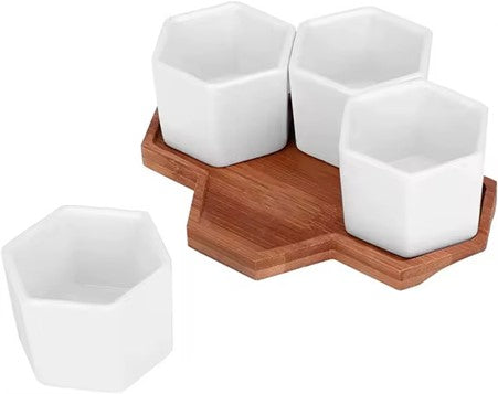 4-Piece Hexagonal Ceramic Mini Succulent Pots with Large Bamboo Tray, for Bookshelf Windowsill Garden Use
