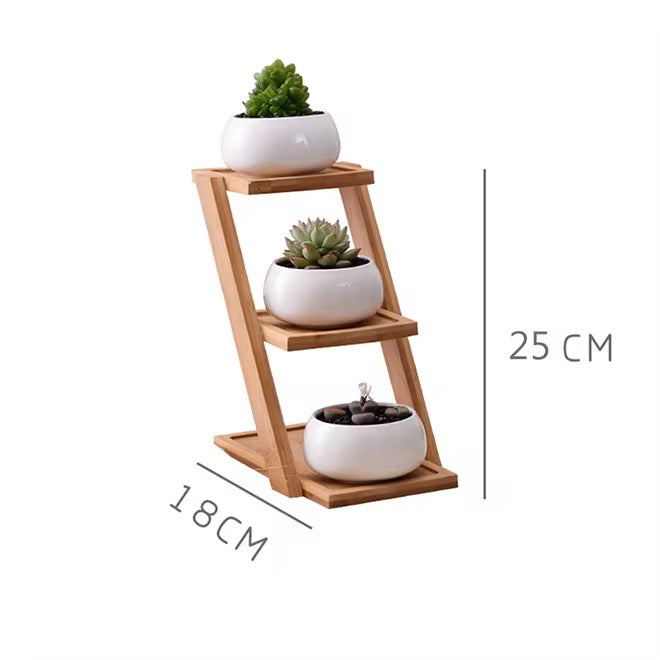 Modern Bamboo Wood Plant Stand for Succulent Plants, Office Desk Mini Garden Display Shelf, Home Décor Plant Holder