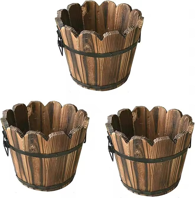 Wavy Rustic Wooden Barrel Planter Pot – Garden Flower Pot Container for Succulent Plants