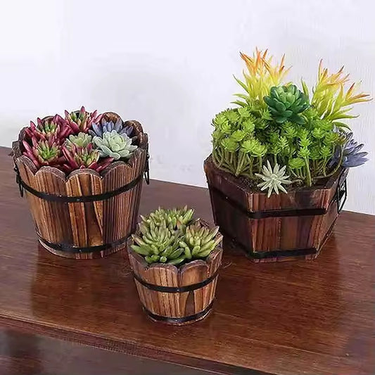 Wavy Rustic Wooden Barrel Planter Pot – Garden Flower Pot Container for Succulent Plants