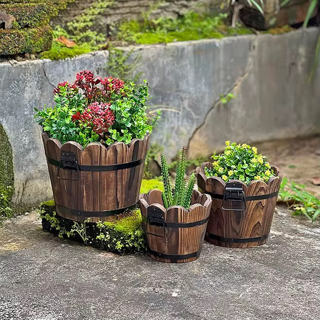 Wavy Rustic Wooden Barrel Planter Pot – Garden Flower Pot Container for Succulent Plants