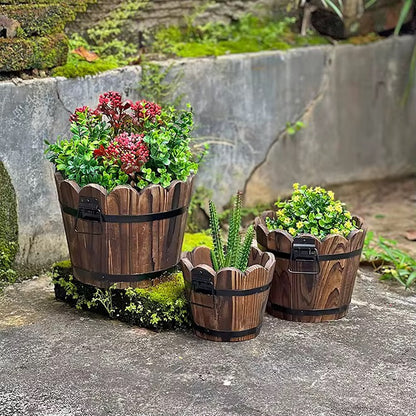 Wavy Rustic Wooden Barrel Planter Pot – Garden Flower Pot Container for Succulent Plants