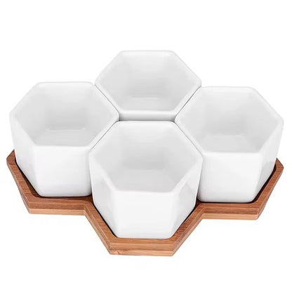 4-Piece Hexagonal Ceramic Mini Succulent Pots with Large Bamboo Tray, for Bookshelf Windowsill Garden Use
