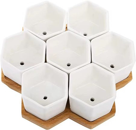 7-Piece Hexagonal Ceramic Mini Succulent Pots with Large Bamboo Tray, for Bookshelf Windowsill Garden Use