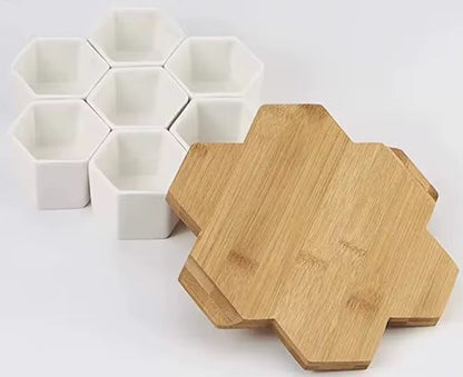 7-Piece Hexagonal Ceramic Mini Succulent Pots with Large Bamboo Tray, for Bookshelf Windowsill Garden Use