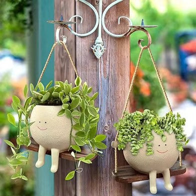 Cute Resin Craft - Popular Smiling Face Swing Planter, Rustic Hanging Decor for Garden