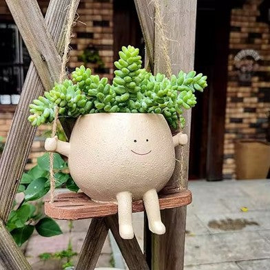 Cute Resin Craft - Popular Smiling Face Swing Planter, Rustic Hanging Decor for Garden