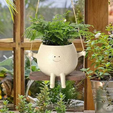 Cute Resin Craft - Popular Smiling Face Swing Planter, Rustic Hanging Decor for Garden