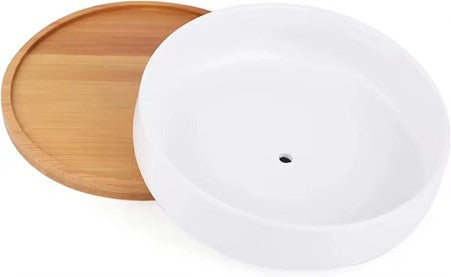 Waterdrop Succulent Pot - 6.3" Modern White Ceramic Planter with Bamboo Tray